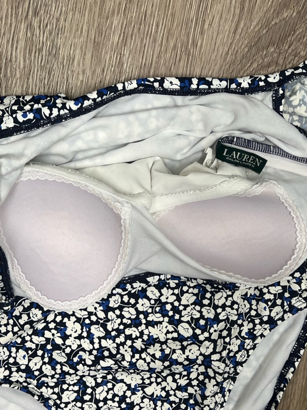 Lauren Ralph Lauren Off Shoulder One Piece Swimsuit Floral Ruffle Blue White - Picture 3 of 6